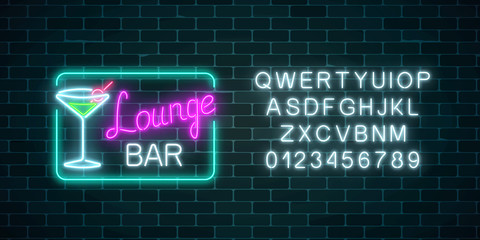 Neon cocktails lounge bar sign in rectangle frame with alphabet. Glowing gas advertising with glasses of alcohol shake.