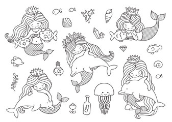 Mermaids with dolphins, fish, jellyfish, medusa. Big set of outline illustrations for coloring book.