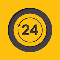 24 hours customer service. Round the clock support symbol. Round button.