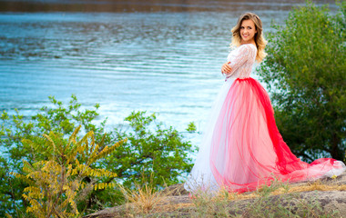 delicate portrait of a beautiful girl, romantic image, girl in a luxurious dress