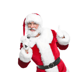 Santa Claus singing into microphone on white background. Christmas music