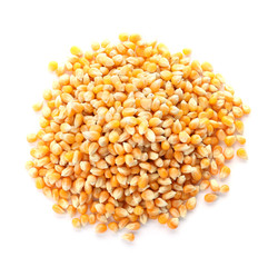 Raw corn kernels on white background. Healthy grains and cereals
