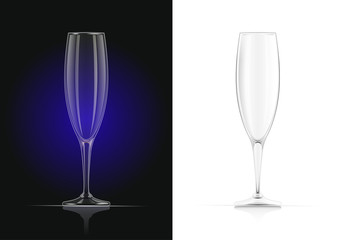 Champagne glass. Wines glassware in dark and white background.