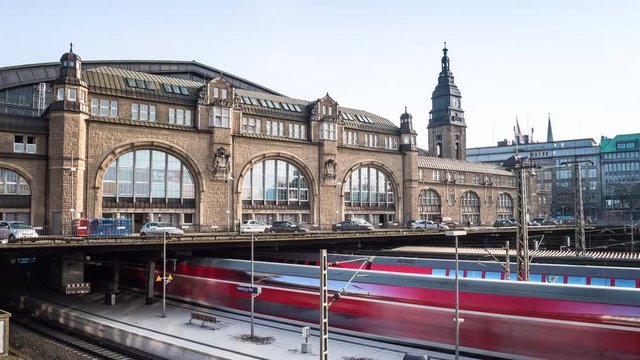 Hamburg main station hyperlapse with trains on a sunny day