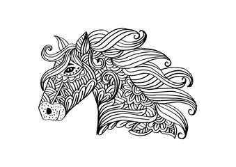 Line art hand drawing head of horse.