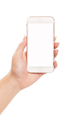 Woman hand holding smartphone isolated on white background.