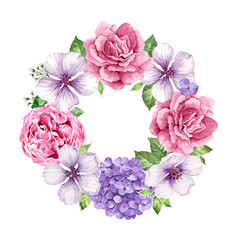 Flower frame in watercolor style isolated on white background. Template for invitation card. Place for text.