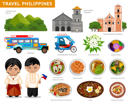 Travel to Philippines. Set of traditional cultural symbols, cuisine, architecture. A collection of colorful illustrations for the guidebook. Filipinos in national dress. Attractions. Vector.