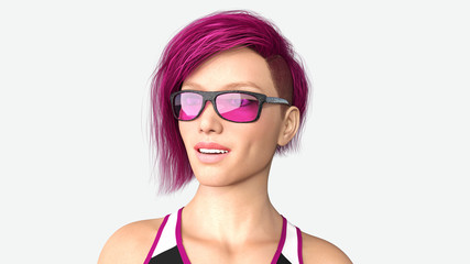 Girl with short purple hair and sunglasses, headshot portrait of a young woman isolated on white background, 3D rendering