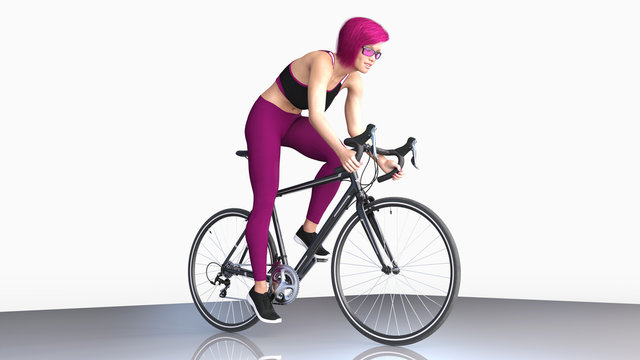Girl with short purple hair on bicycle, athletic woman in sports outfit riding a bike on white background, 3D rendering