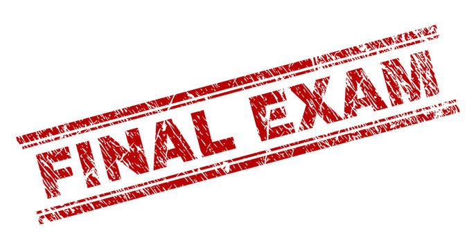 FINAL EXAM seal print with grunge style. Red vector rubber print of FINAL EXAM text with grunge texture. Text caption is placed between double parallel lines.