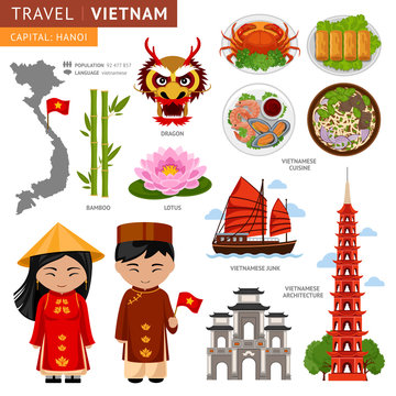 Travel to Vietnam. Set of traditional cultural symbols. A collection of colorful illustrations for the guidebook. Vietnamese peoples in national dress. Man and woman. Vietnamese attractions.