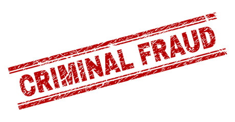 CRIMINAL FRAUD seal print with corroded texture. Red vector rubber print of CRIMINAL FRAUD title with dirty texture. Text title is placed between double parallel lines.