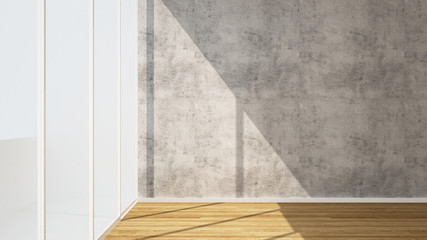 Empty room wood floor and concrete wall decorate for interior artwork -Concrete wall in empty room space for add message -  interior simple design - 3D Illustration