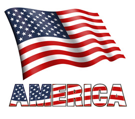 Fototapeta premium American Flag Waving with AMERICA and Stars and Stripes
