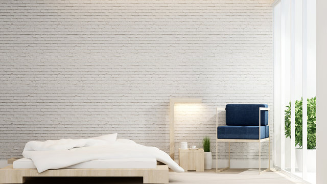 White Bedroom and living area minimal design for artwork - Bedroom and living area on white brick wall decorate and empty space for artwork - 3D Rendering