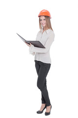 closeup.smiling woman engineer with documents .isolated on white