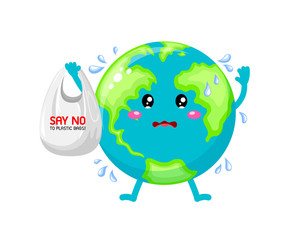 Sadness cartoon globe character holding plastic bag. Say no to plastic bag. Global warming concept. Illustration isolated on white background.