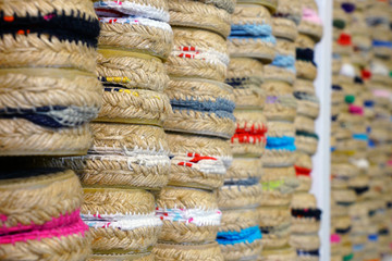 Display of colorful traditional espadrilles cord and fabric shoes in the Basque country, France