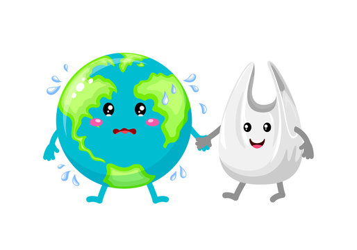 Cute cartoon globe character holding hands with plastic bag. Global warming concept. Illustration isolated on white background.