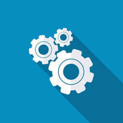 Settings icon. Gears with blue background art. Long shadow flat style design