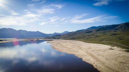 Aerial image over a very dry Theewaterskloof dam during the worst drought in decades in the Western...