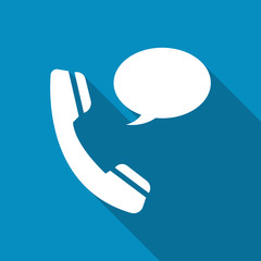 Phone receiver as "contact us" icon. Telephone handset with talk bubble isolated on blue background. Modern design flat style icon with long shadow effect
