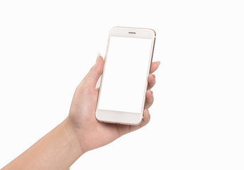Woman hand holding smartphone isolated on white background.