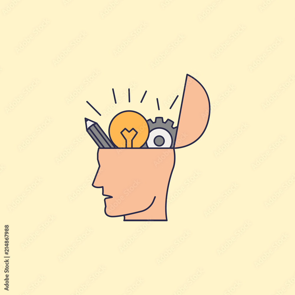 Poster head with pencils with a light bulb and gears fild outline icon. element of idea and solutions for m