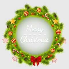 Fototapeta na wymiar Christmas wreath decoration with candy, star, pinecone.