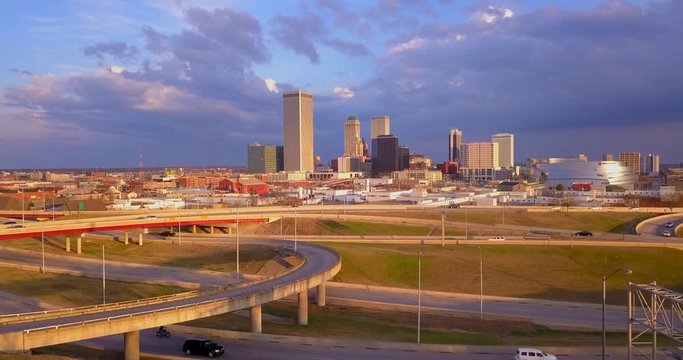 Drone footage of Tulsa, Oklahoma skyline from the west looking east.