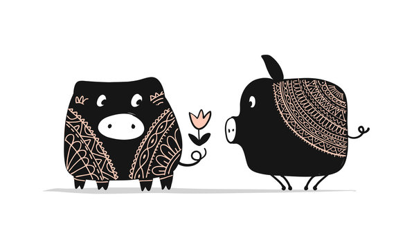 Cute couple of pigs, symbol of 2019 for your design