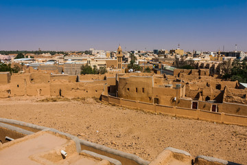 An aerial view of the mud brick suburbs from the Munikh Castle, Al Majmaah, Saudi Arabia