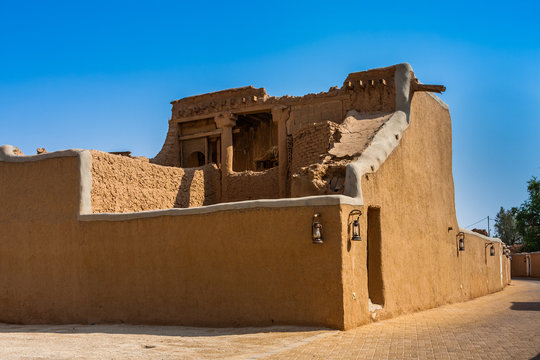 Partially restored traditional mudbrick houses near the Munikh Castle Archeological Site, Al Majmaah, Saudi Arabia