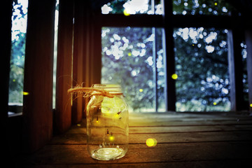 Fireflies in a jar in a child's tree fort