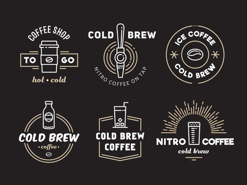 Cold brew coffee and nitro coffee logos. Vector line art badges for cafe of coffee shop.