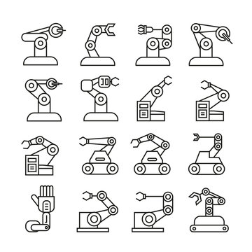 robotic arm in manufacturing process icons, bold line icons