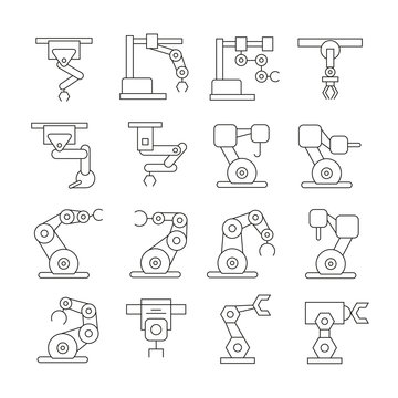 thin line robotic arm icons set