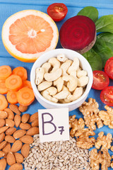 Healthy products as source minerals, vitamin B7 and fiber, nutritious eating concept