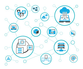 analytics data icons and network diagram on white background, information technology concept