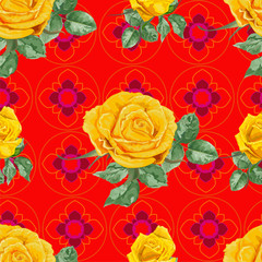 Yellow roses and Thai graphic flowers seamless pattern on red background
