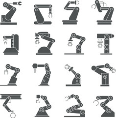 robot icons set, robotic arm in manufacturing process icons - obrazy, fototapety, plakaty