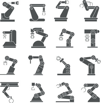 robot icons set, robotic arm in manufacturing process icons
