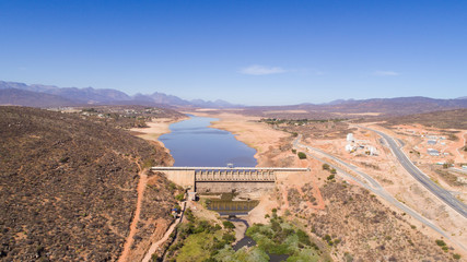 Aerial view over the very dry Clanwilliam dam in the Western Cape of South Africa during the worst...