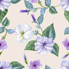 Seamless background pattern.petunia and for get me not flowers  with leaves.hand drawn. onbeige background