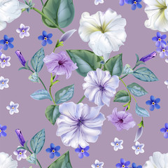 Seamless background pattern.petunia and for get me not flowers  with leaves.hand drawn. on violet background