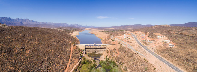 Aerial view over the very dry Clanwilliam dam in the Western Cape of South Africa during the worst...
