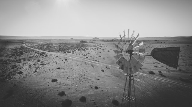 Aerial image over an old windmill / windpump / windpomp in the karoo region of south africa