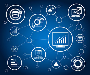 data analytics concept, information management in blue background