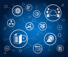 data analytics concept, information management concept in blue background